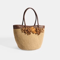 Kadın Kahve Turuncu Çiçek Detaylı Hasır Omuz Çantası