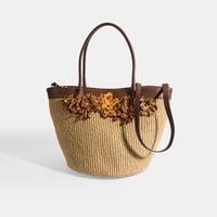 Kadın Kahve Turuncu Çiçek Detaylı Hasır Omuz Çantası