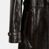 Kadın Koyu Kahve Hakim Yakalı Kapüşonlu Deri Kaban