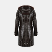 Kadın Koyu Kahve Hakim Yakalı Kapüşonlu Deri Kaban