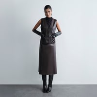 Kadın Koyu Kahve Midi Boy Deri Etek