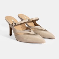 Kadın Krem Ayarlanabilir Tokalı Deri Abiye Topuklu Terlik