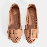 Kadın Pembe Toka Aksesuarlı Perforeli Deri Babet