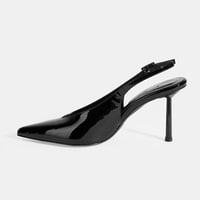 Kadın Siyah Ayarlanabilir Taşlı Toka Detaylı Rugan Topuklu Ayakkabı