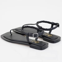 Kadın Siyah Ayarlanabilir Tokalı Deri Sandalet