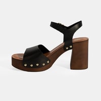 Kadın Siyah Ayarlanabilir Tokalı Deri Topuklu Sandalet