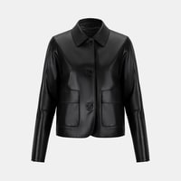 Kadın Siyah Gömlek Yakalı Düğmeli Kısa Deri Ceket