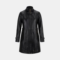 Kadın Siyah Hakim Yakalı Kapüşonlu Deri Kaban