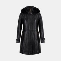 Kadın Siyah Hakim Yakalı Kapüşonlu Deri Kaban