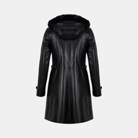 Kadın Siyah Hakim Yakalı Kapüşonlu Deri Kaban