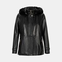 Kadın Siyah Kapüşonlu Deri Mont