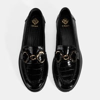 Kadın Siyah Kroko Baskılı Toka Detaylı Deri Loafer