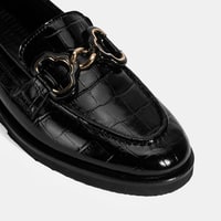 Kadın Siyah Kroko Baskılı Toka Detaylı Deri Loafer