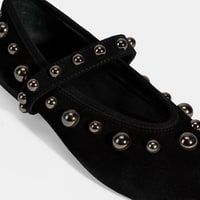 Kadın Siyah Metal Zımba Detaylı Mary Jane Babet