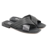 Kadın Siyah Örgü Baskılı Deri Terlik