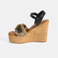 Kadın Siyah Toka Aksesuarlı Deri Detaylı Dolgu Topuklu Sandalet