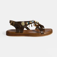 Kahve Kadın Toka Detaylı Aksesuarlı Deri Sandalet