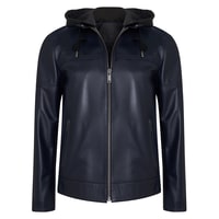 Selino Lacivert Erkek Kapüşonlü Deri Mont