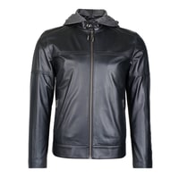 Selino Siyah Erkek Kapüşonlü Deri Mont