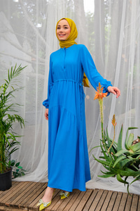  Gizli Düğmeli Bel Bağlamalı Elbise MAVI