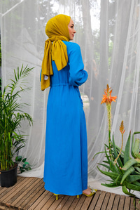  Gizli Düğmeli Bel Bağlamalı Elbise MAVI