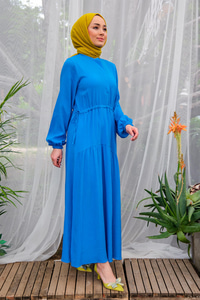  Gizli Düğmeli Bel Bağlamalı Elbise MAVI
