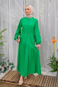  Gizli Düğmeli Bel Bağlamalı Elbise YESIL