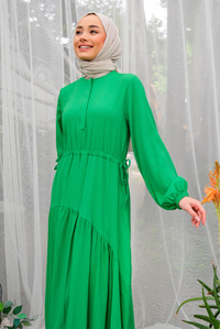  Gizli Düğmeli Bel Bağlamalı Elbise YESIL