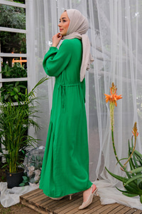 Gizli Düğmeli Bel Bağlamalı Elbise YESIL