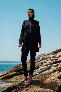 3'lü Biye Detaylı Tam Kapalı Tesettür Mayo Siyah