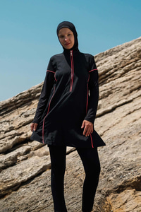 3'lü Biye Detaylı Tam Kapalı Tesettür Mayo Siyah