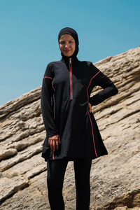 3'lü Biye Detaylı Tam Kapalı Tesettür Mayo Siyah