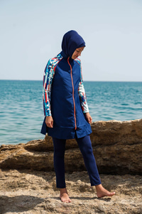 3'lü Desen Detaylı Tam Kapalı Tesettür Mayo Lacivert