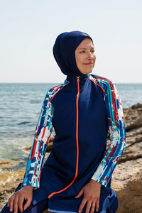 3'lü Desen Detaylı Tam Kapalı Tesettür Mayo Lacivert