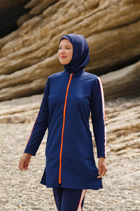 3'lü Fermuar Detaylı Tam Kapalı Tesettür Mayo Lacivert