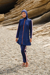 3'lü Fermuar Detaylı Tam Kapalı Tesettür Mayo Lacivert