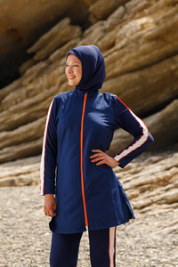 3'lü Fermuar Detaylı Tam Kapalı Tesettür Mayo Lacivert