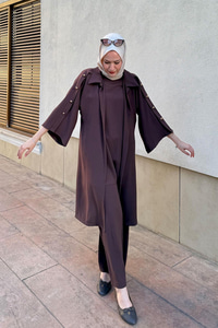 3'lü Gold Düğme Detay Takım Kahverengi