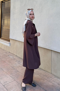 3'lü Gold Düğme Detay Takım Kahverengi