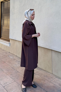 3'lü Gold Düğme Detay Takım Kahverengi