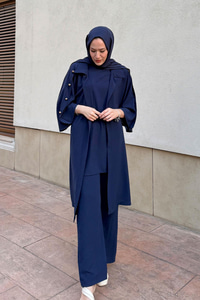 3'lü Gold Düğme Detay Takım Lacivert