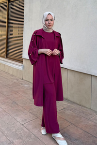 3'lü Gold Düğme Detay Takım Mürdüm