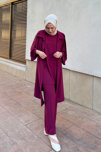 3'lü Gold Düğme Detay Takım Mürdüm