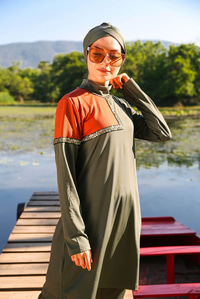 3'lü Tam Kapalı Tesettür Mayo Haki Yeşil