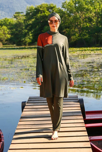 3'lü Tam Kapalı Tesettür Mayo Haki Yeşil