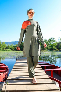 3'lü Tam Kapalı Tesettür Mayo Haki Yeşil