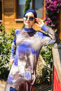 4'lü Desen Detaylı Tam Kapalı Tesettür Mayo Lacivert