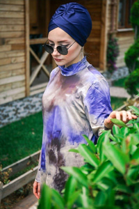 4'lü Desen Detaylı Tam Kapalı Tesettür Mayo Lacivert