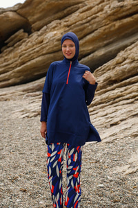 4'lü Desenli Tam Kapalı Tesettür Mayo Lacivert