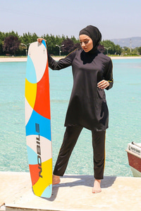 4'lü Leopar Desenli Tam Kapalı Tesettür Mayo Siyah